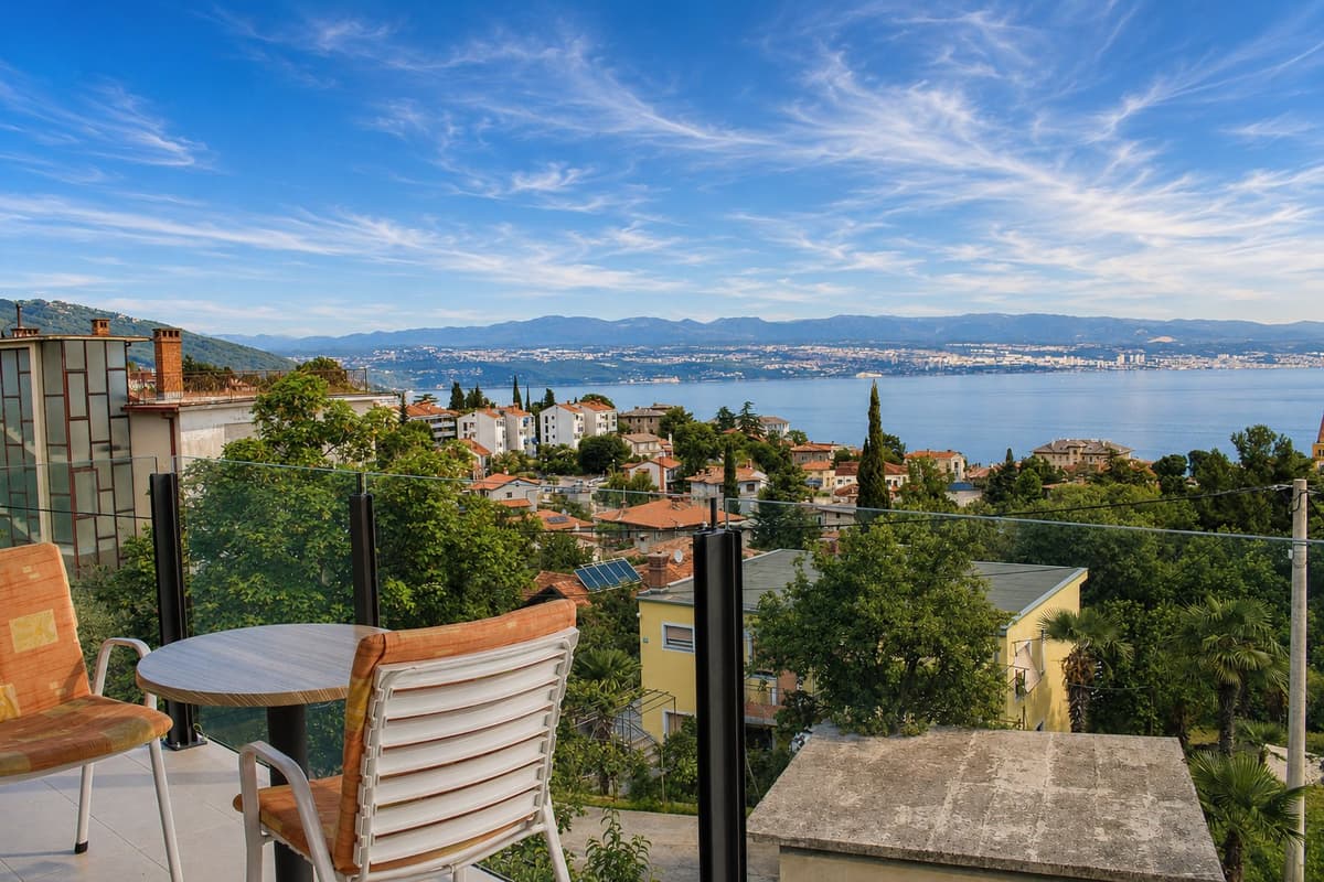 Breakfast table on a balcony overlooking the rooftops of Lovran and the Kvarner Bay